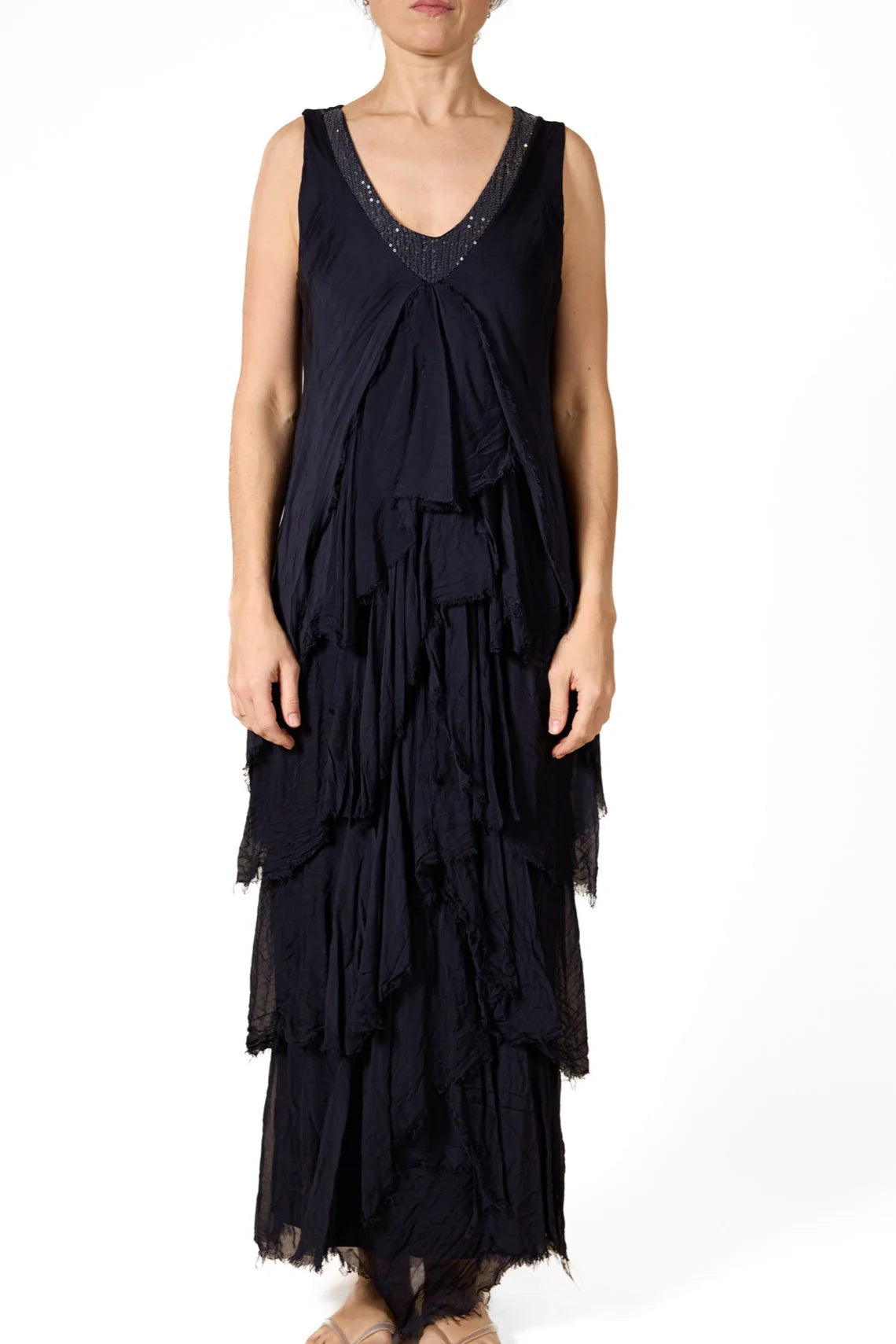 DEEP V SEQUIN NECK SLEEVELESS MAXI