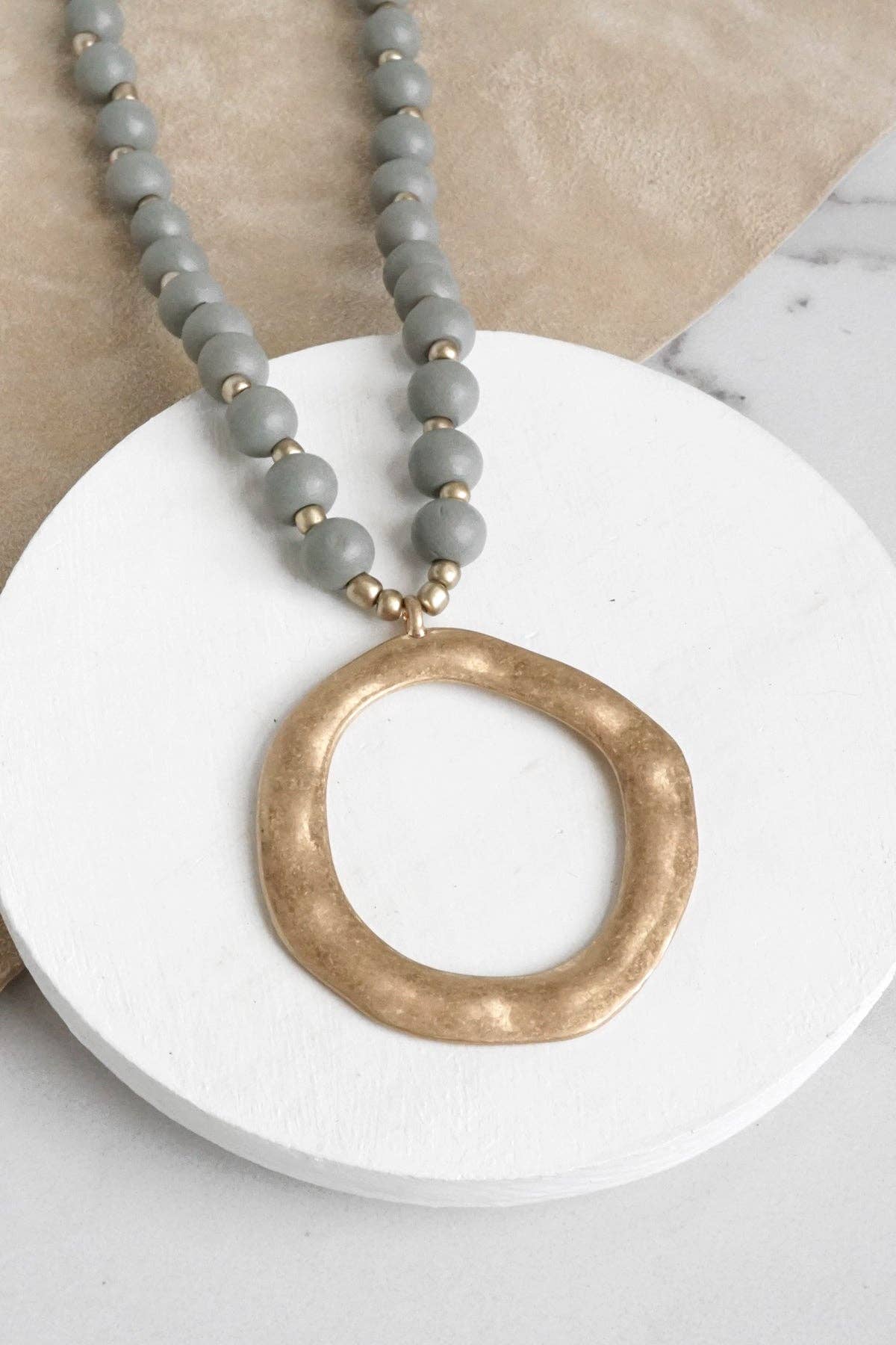 Long Wooden Bead Necklace with gold circle - Grey