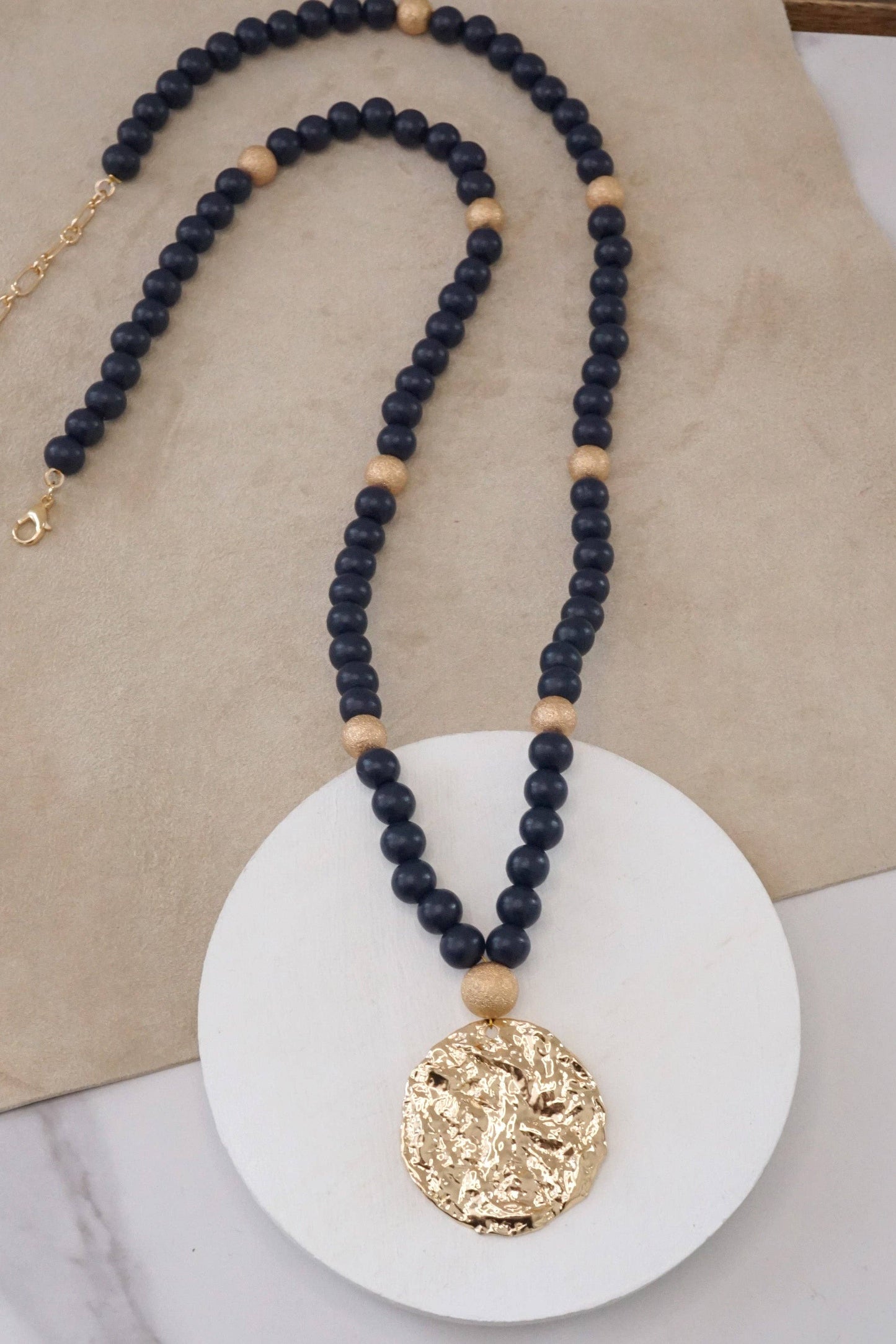 Long Wooden Bead Necklace with gold coin - Navy Blue