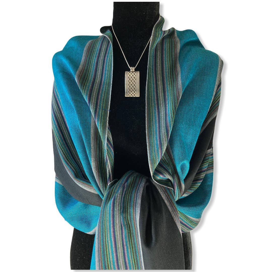 Striped Handwoven Bamboo Viscose Scarf - Turquoise & Black