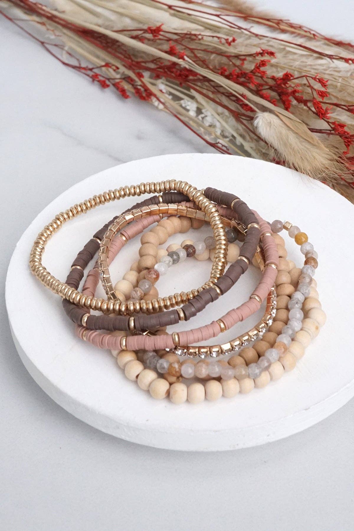 Beaded Bracelets stack of 7 in Neutral tones