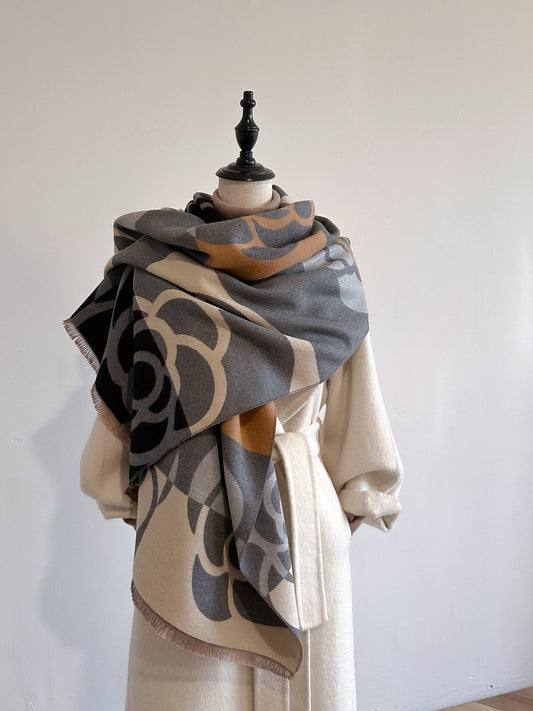 Gray / Tan Geo Rose Reversible Wrap