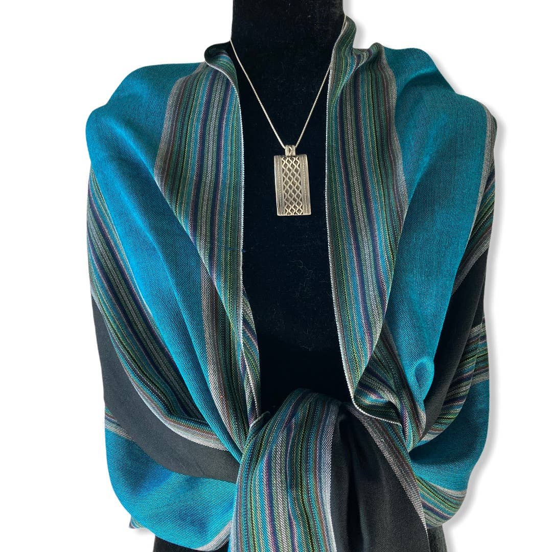 Striped Handwoven Bamboo Viscose Scarf - Turquoise & Black