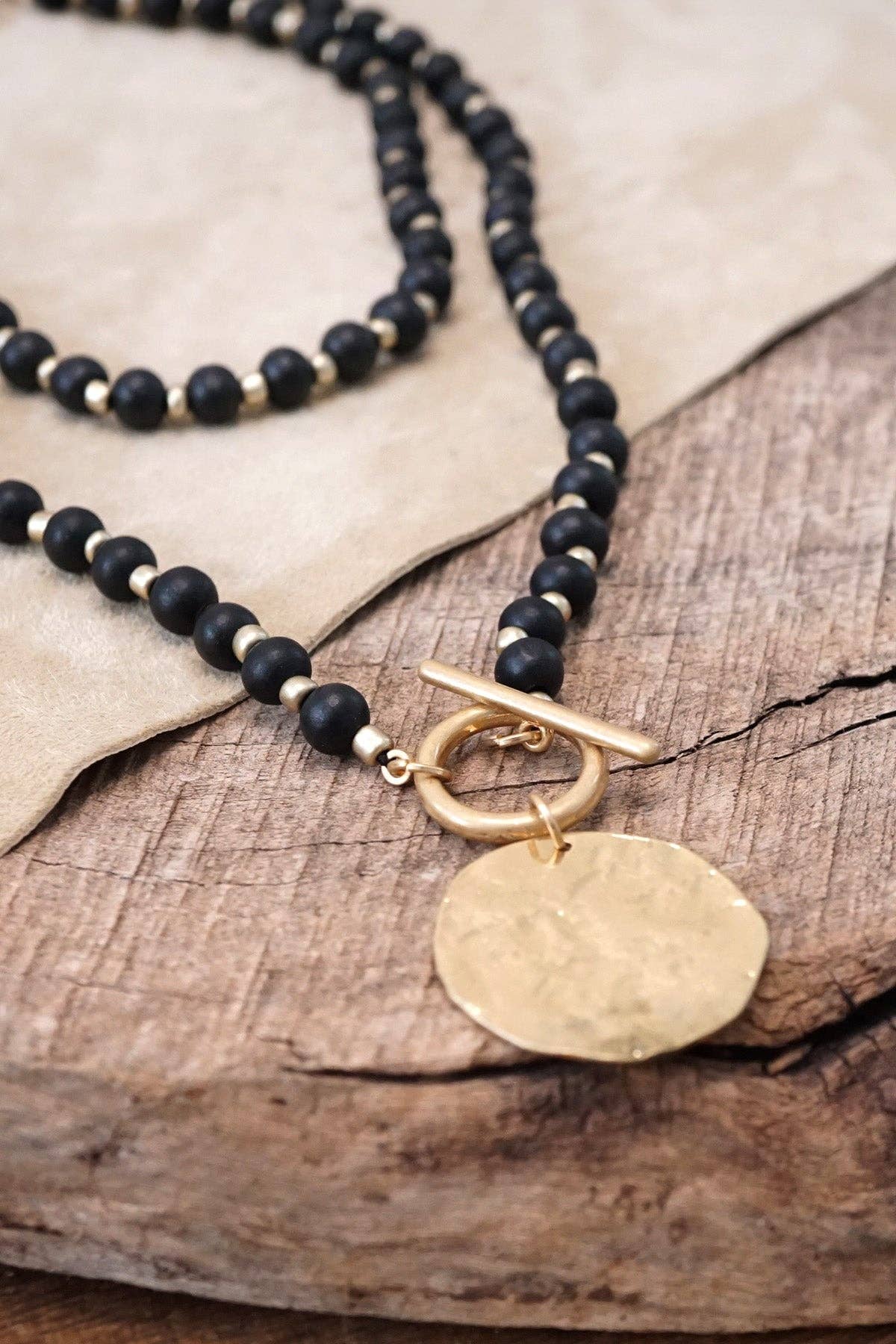 Multi Strand Wooden Beads Short Coin Necklace in Black and Gold