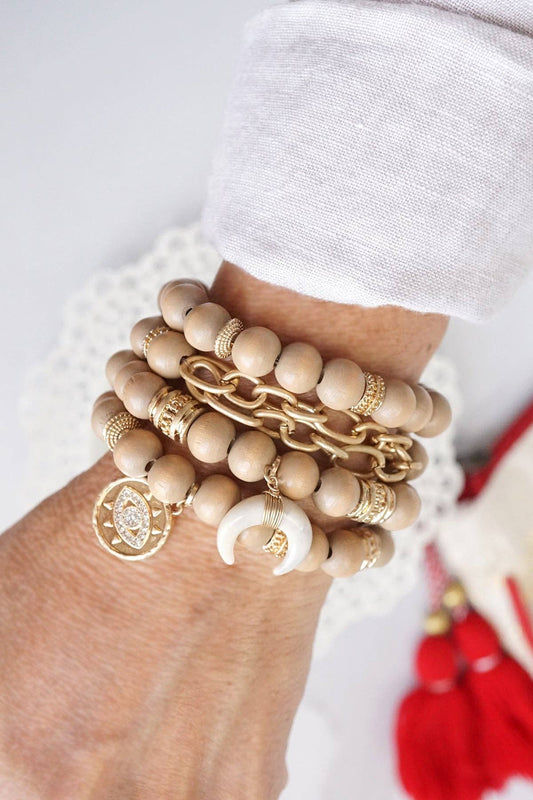 Beaded Boho Bracelets set of 4 with Gold Coin Neutral wooden