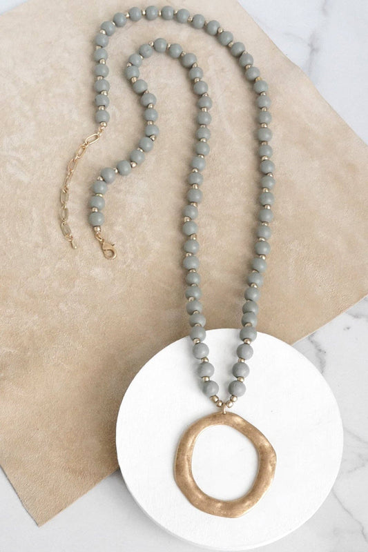 Long Wooden Bead Necklace with gold circle - Grey