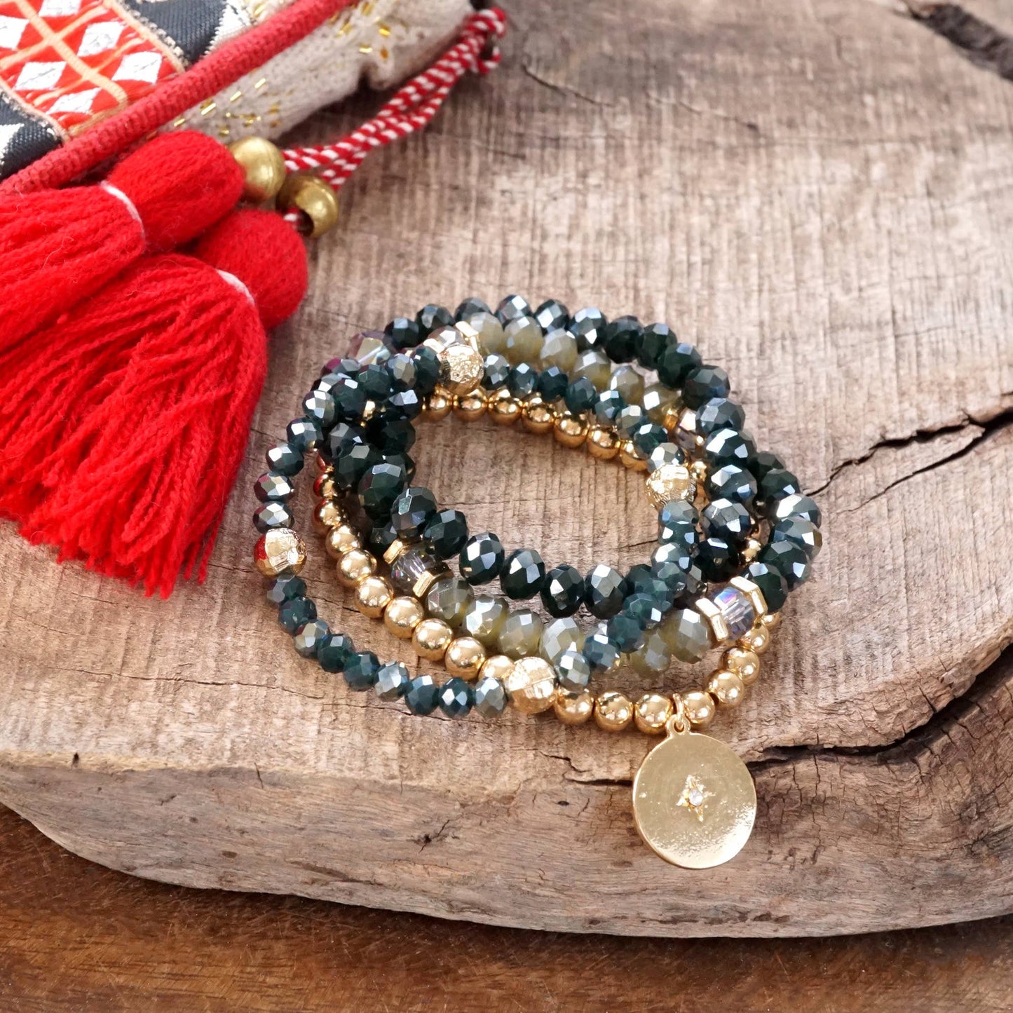 Beaded Bracelets set Gold Coin Sparkly Forest Green Glass Metal beads