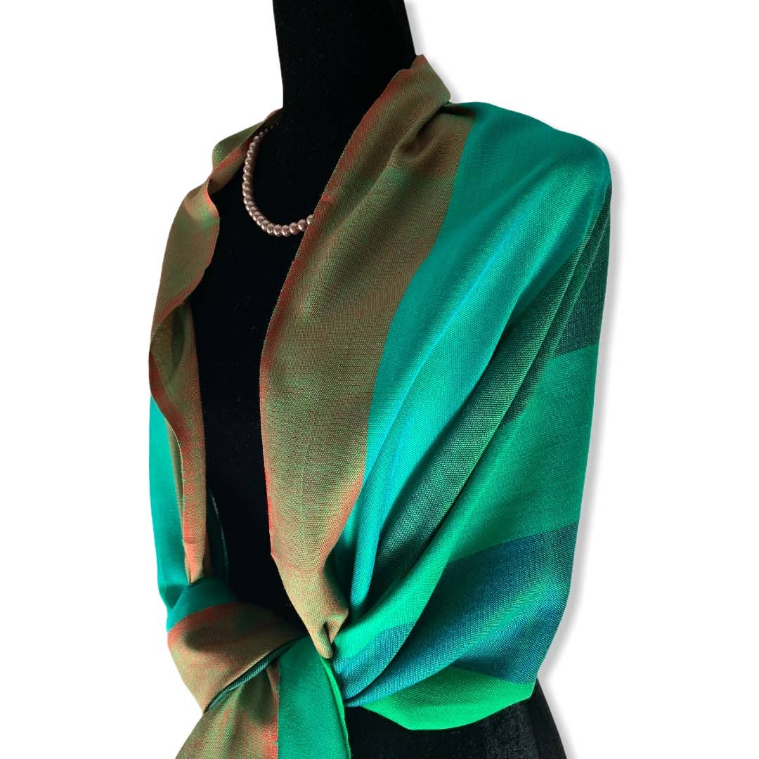 Wide Striped Handwoven Viscose Scarf - Emerald & Green