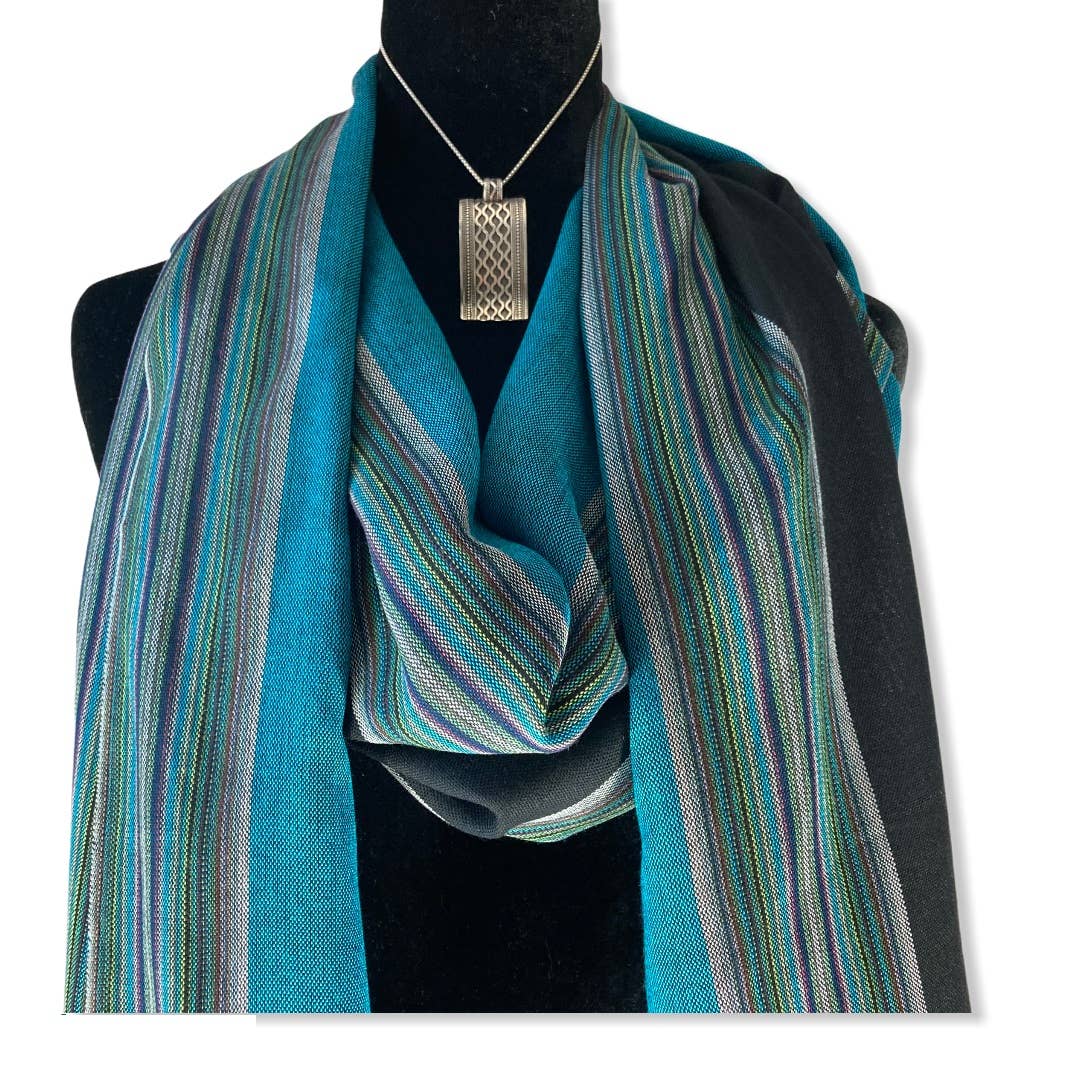 Striped Handwoven Bamboo Viscose Scarf - Turquoise & Black