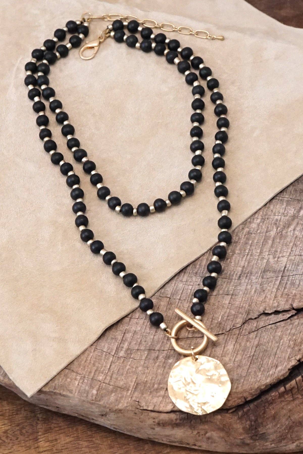 Multi Strand Wooden Beads Short Coin Necklace in Black and Gold