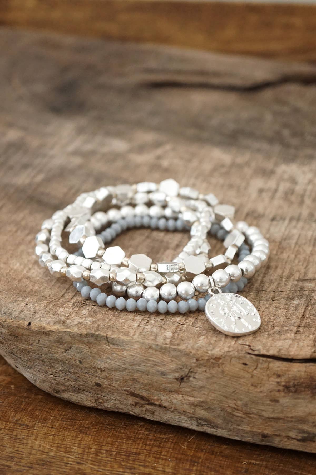 Boho Bracelet Stack with a Coin in silver tone