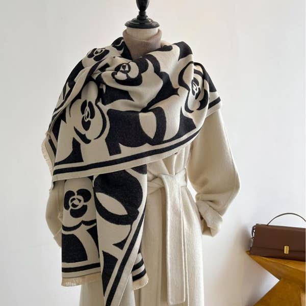 Cozy Cashmere Like Black/White Rose Reversible Wrap–Shawl