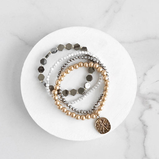 Boho Metal beaded Bracelet Stack with a Coin in multi tone