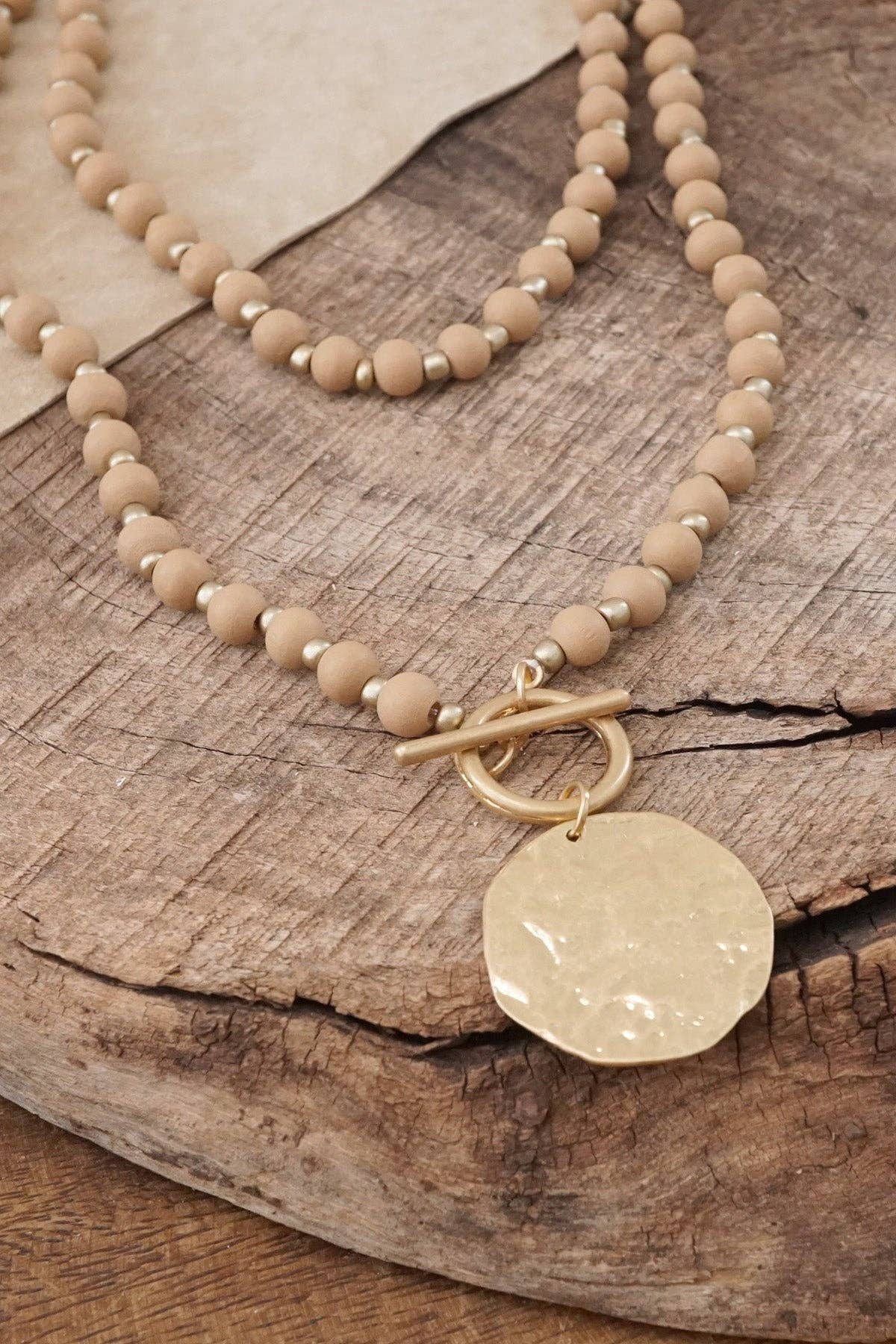 Multi Strand Wooden Beads Short Coin Necklace in Neutral