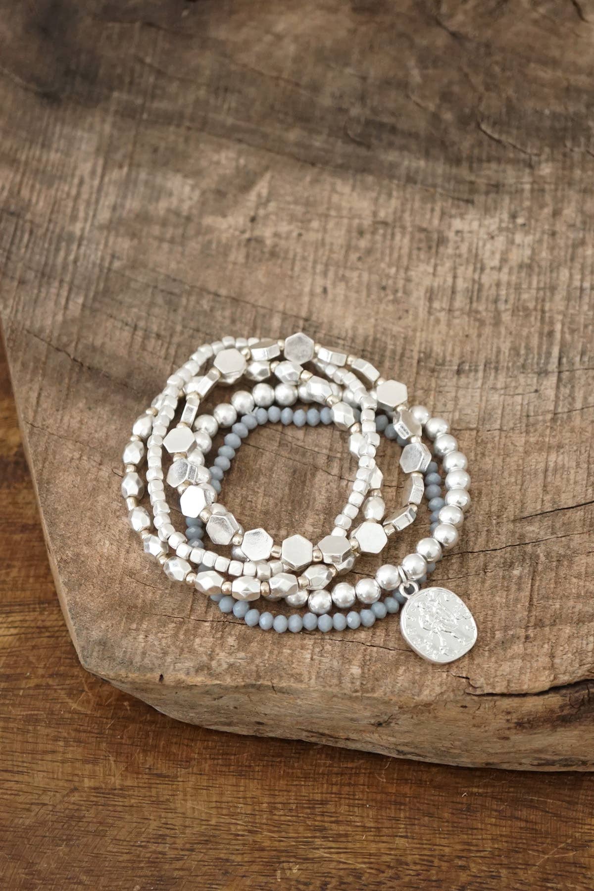 Boho Bracelet Stack with a Coin in silver tone