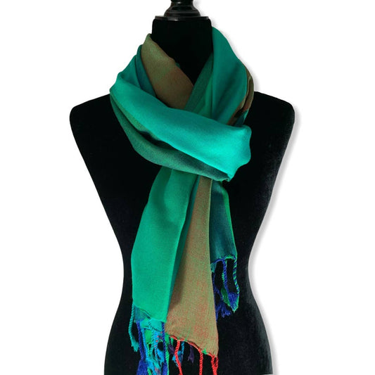 Wide Striped Handwoven Viscose Scarf - Emerald & Green