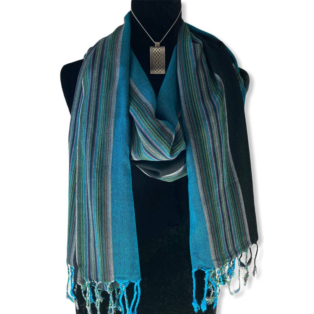 Striped Handwoven Bamboo Viscose Scarf - Turquoise & Black