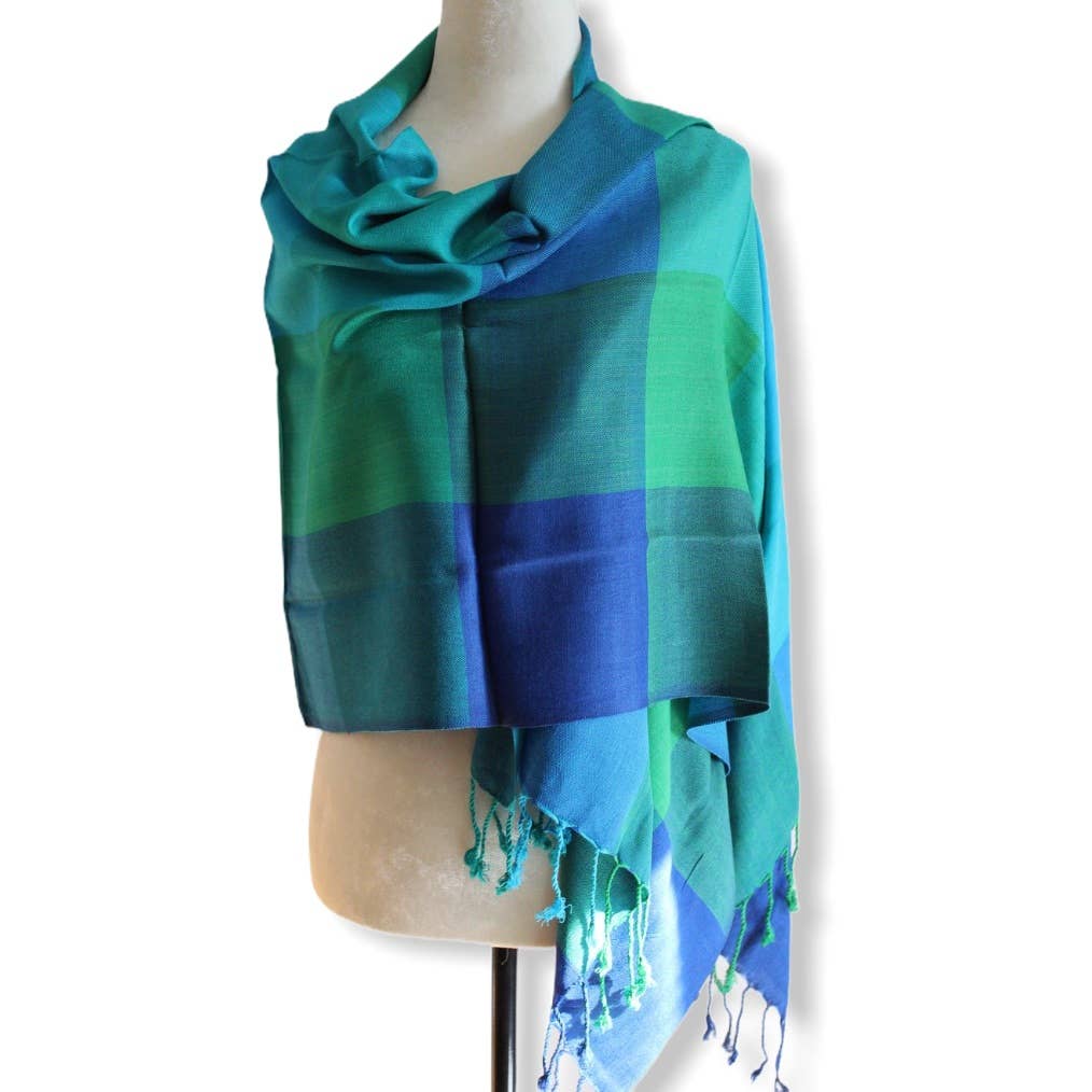 Plaid Handwoven Scarf - Blue & Green