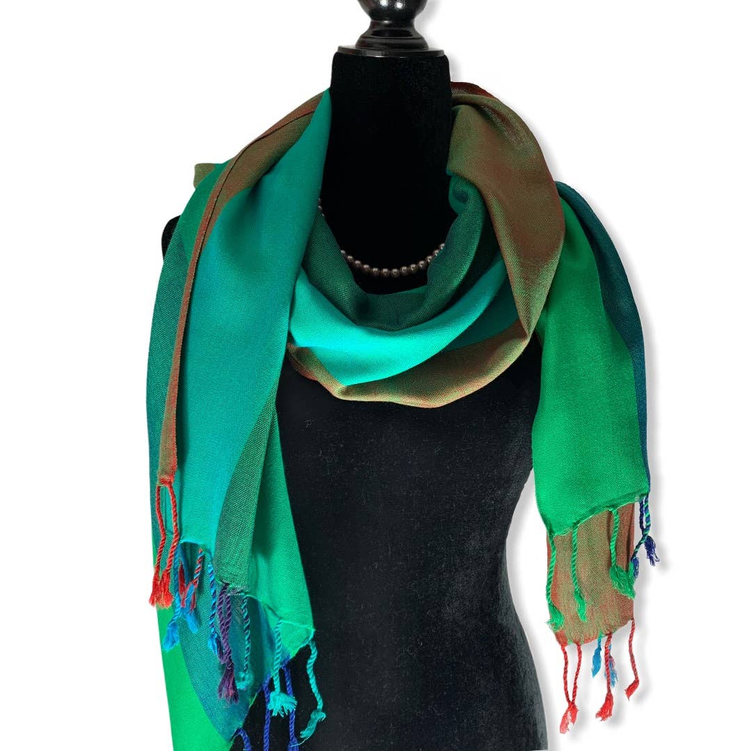 Wide Striped Handwoven Viscose Scarf - Emerald & Green