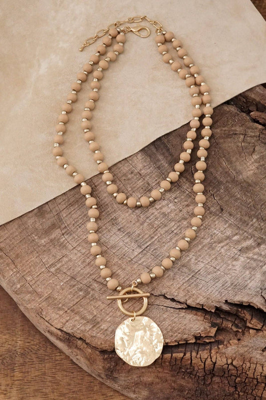 Multi Strand Wooden Beads Short Coin Necklace in Neutral