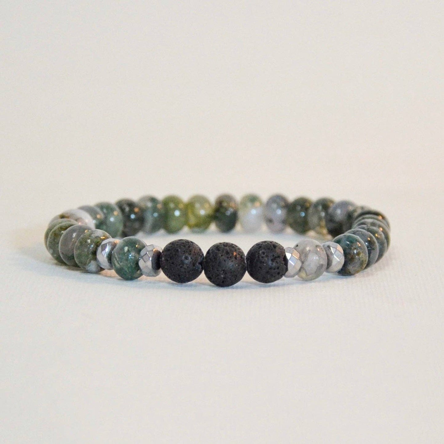 Stretch Bracelet | Rondelle Moss Grass Stone w/ 3 Lava Stones