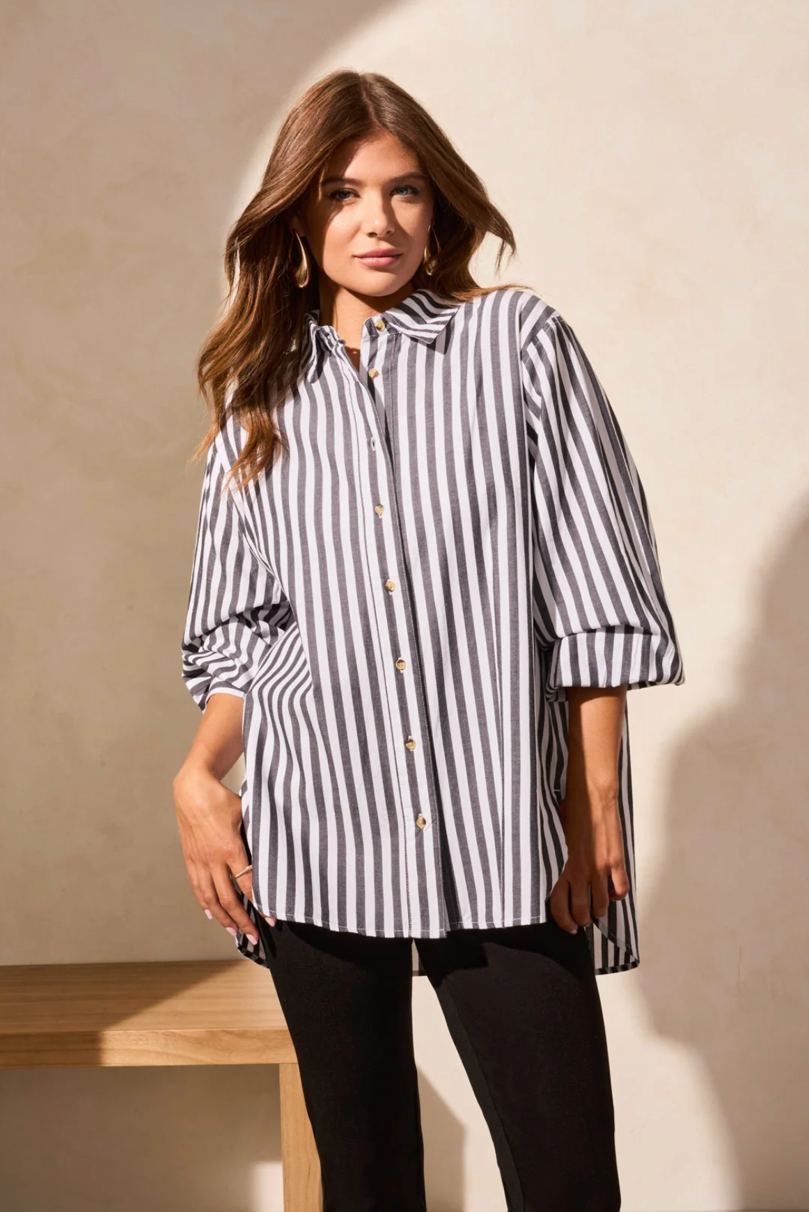 STRIPE BUTTON-FRONT SHIRT