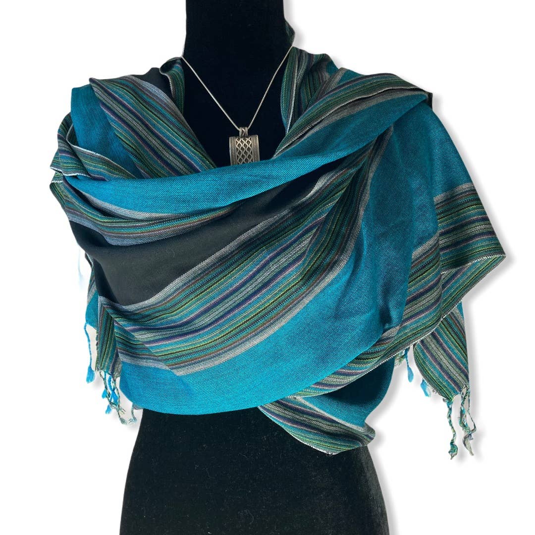 Striped Handwoven Bamboo Viscose Scarf - Turquoise & Black