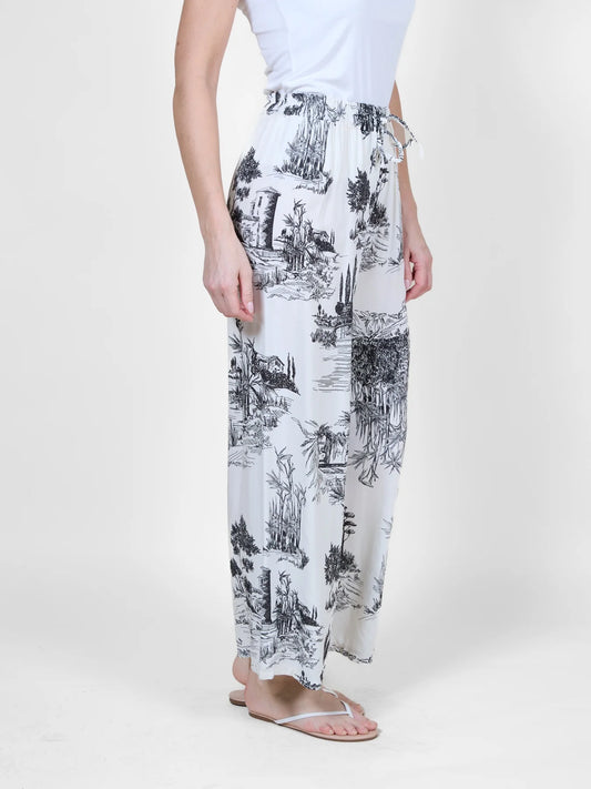 MIDNIGHT TROPICAL PRINT WIDE LEG PANTS