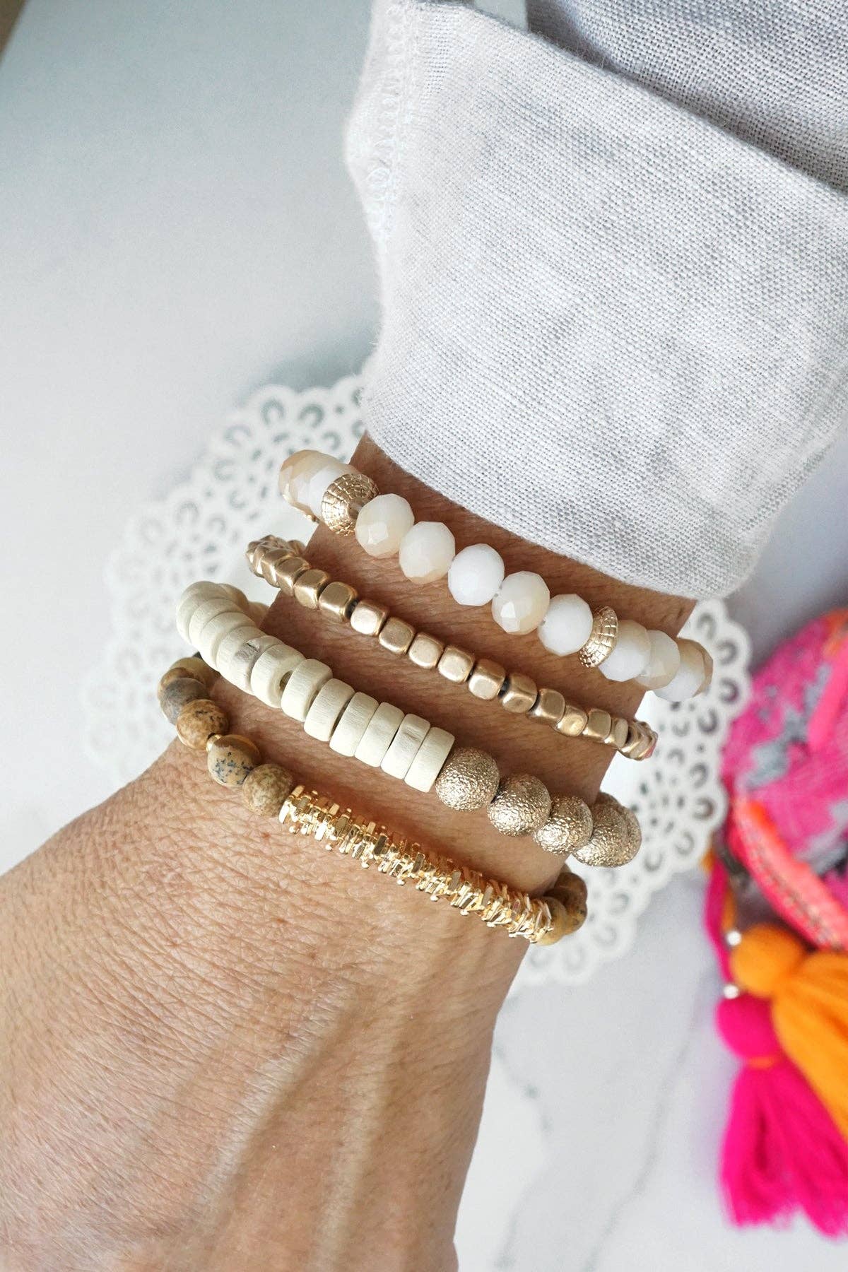 Bracelets stack of 4 piece beaded with Neutral Brown