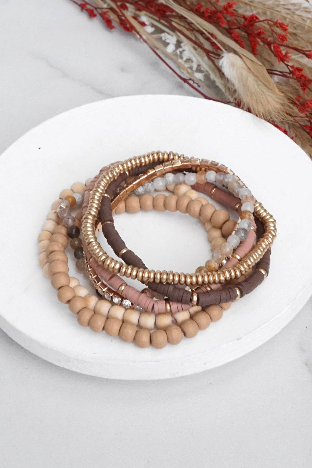 Beaded Bracelets stack of 7 in Neutral tones