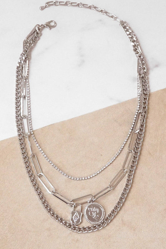 Multi Layer Chain Necklace Silver tone with small pendants