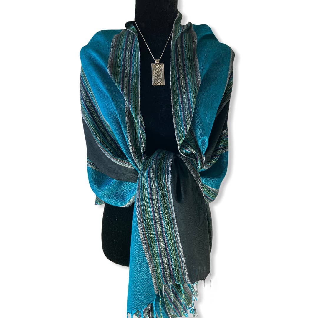 Striped Handwoven Bamboo Viscose Scarf - Turquoise & Black