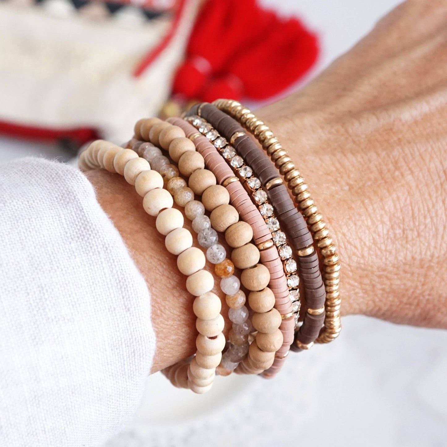 Beaded Bracelets stack of 7 in Neutral tones