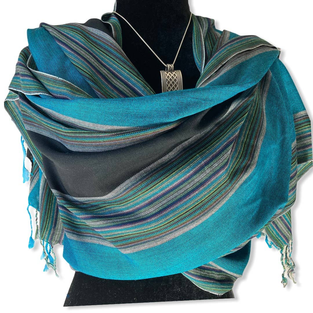 Striped Handwoven Bamboo Viscose Scarf - Turquoise & Black