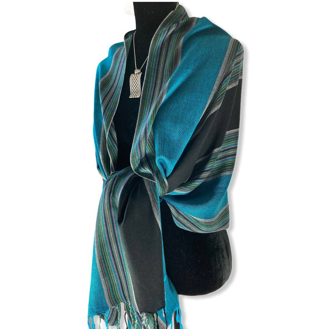 Striped Handwoven Bamboo Viscose Scarf - Turquoise & Black