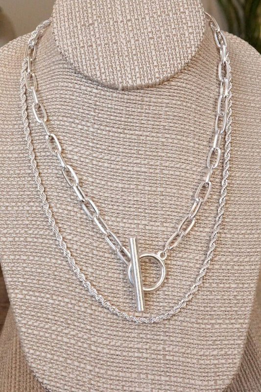 Front Toggle Closure Necklace Multi Layer Chain in Silver Tone tone