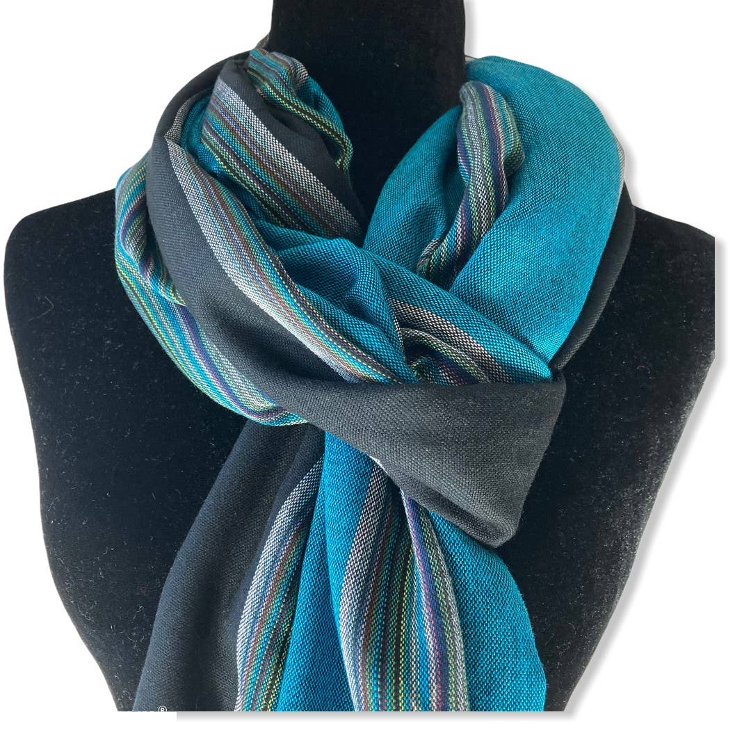 Striped Handwoven Bamboo Viscose Scarf - Turquoise & Black