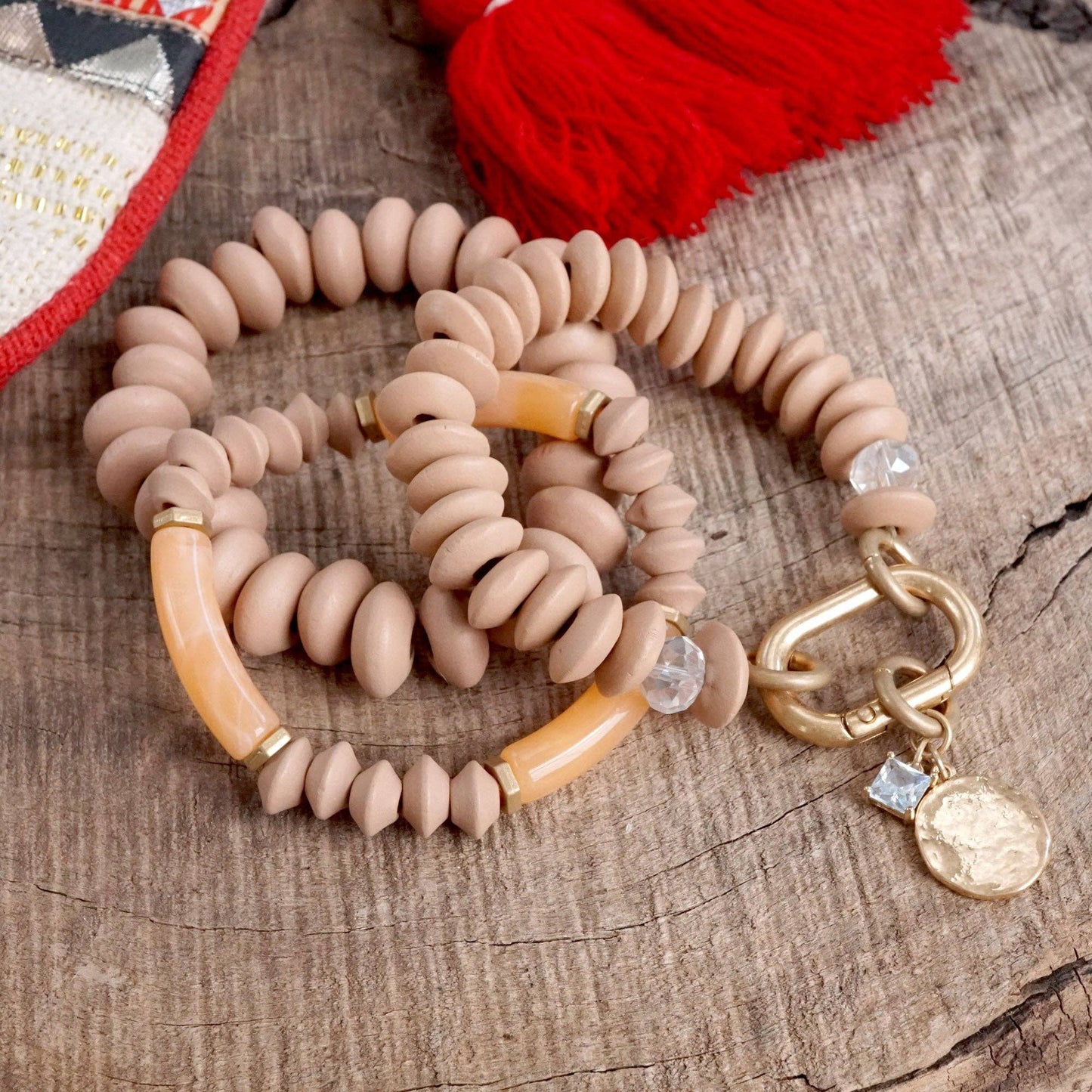 Beaded Boho Statement Bracelets set Carabiner Coin Crystal in Mute Pink Wooden Acrylic and Glass beads