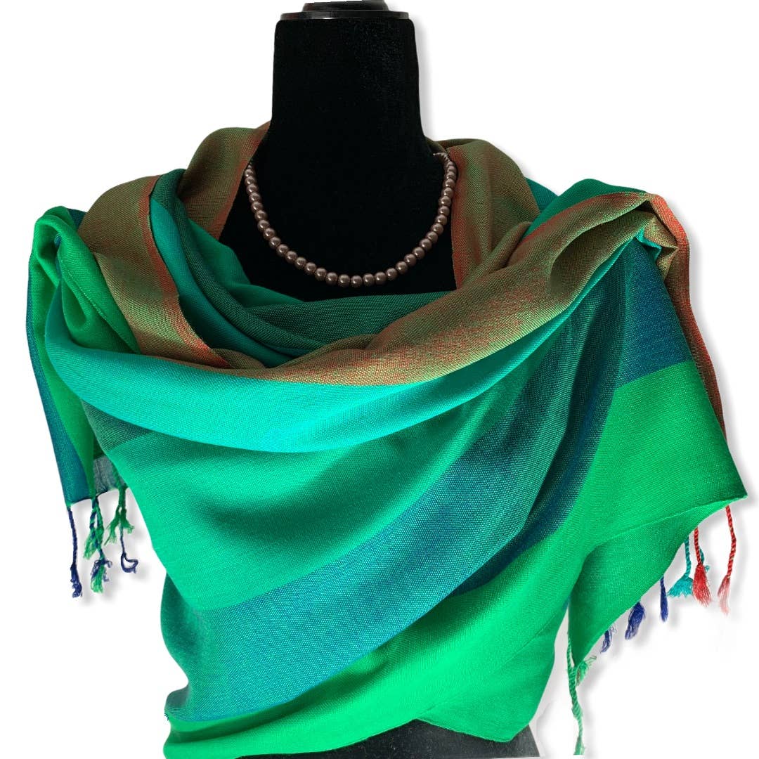 Wide Striped Handwoven Viscose Scarf - Emerald & Green