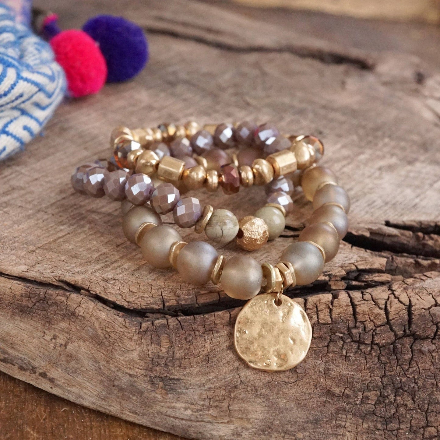 Boho Beads Coin Bracelets Statement set in Rose Pink