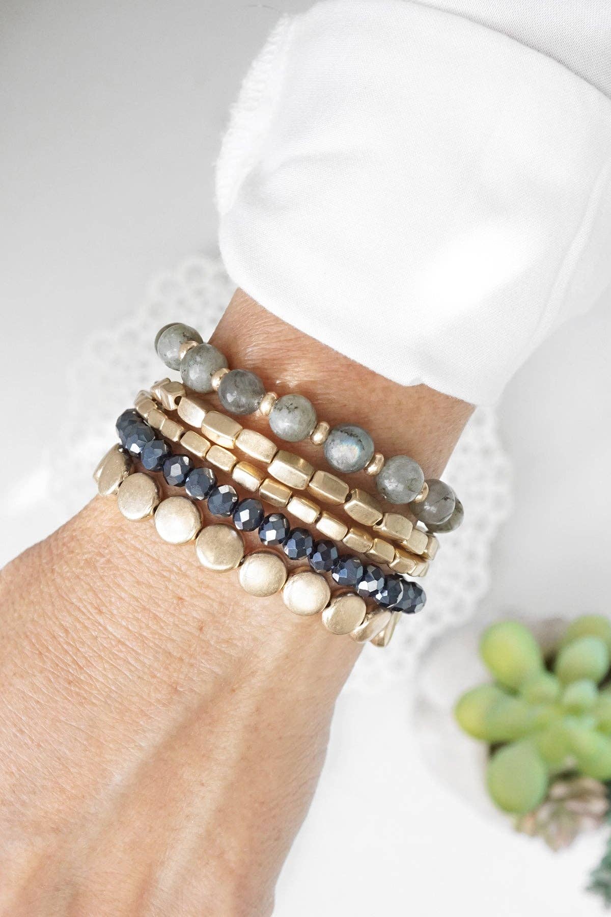 5 piece Boho Bracelet Stack Gray Black and worn gold tone