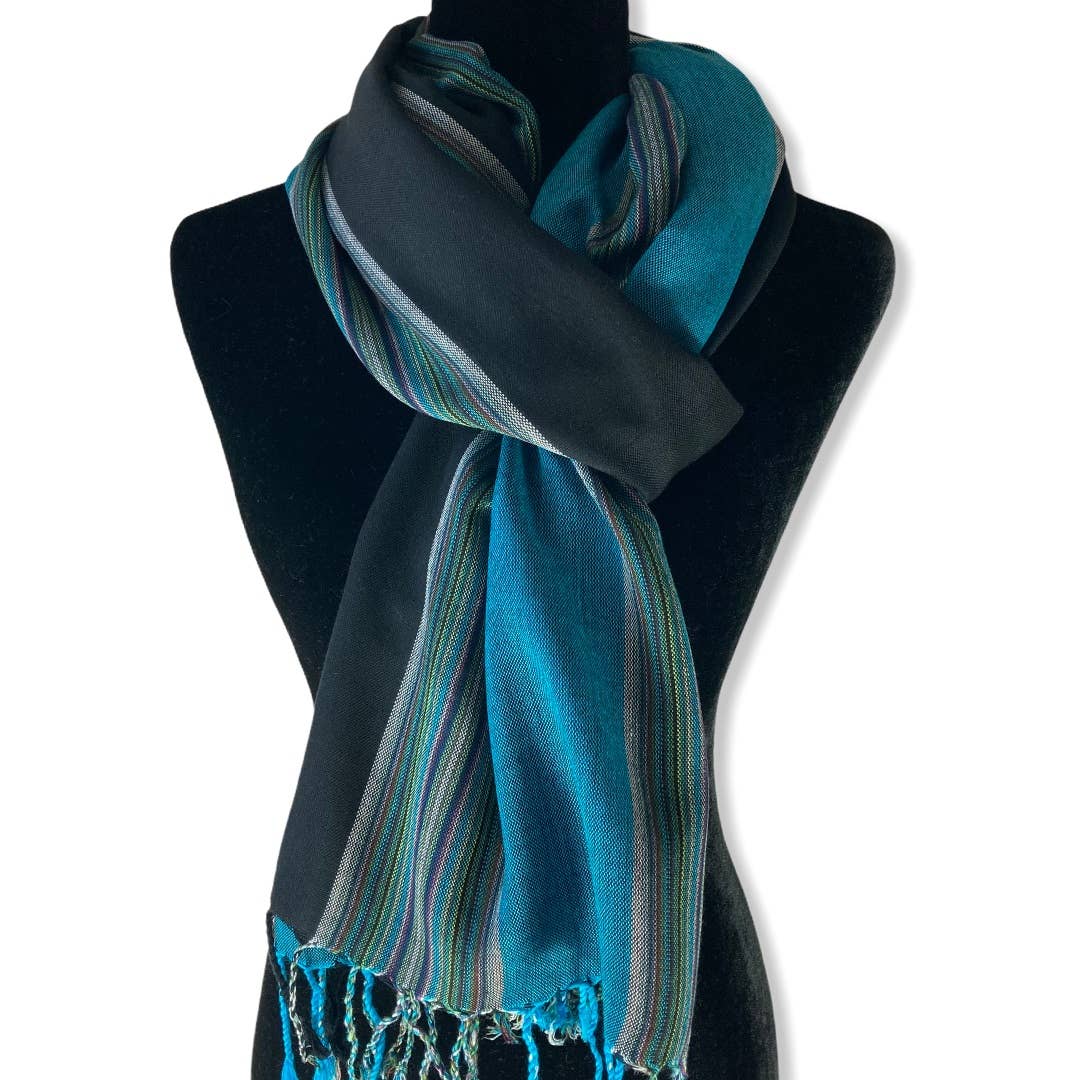 Striped Handwoven Bamboo Viscose Scarf - Turquoise & Black