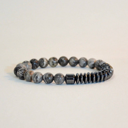 Unisex Stretch Bracelet | Hematite & Dendritic Opal Grey Stones