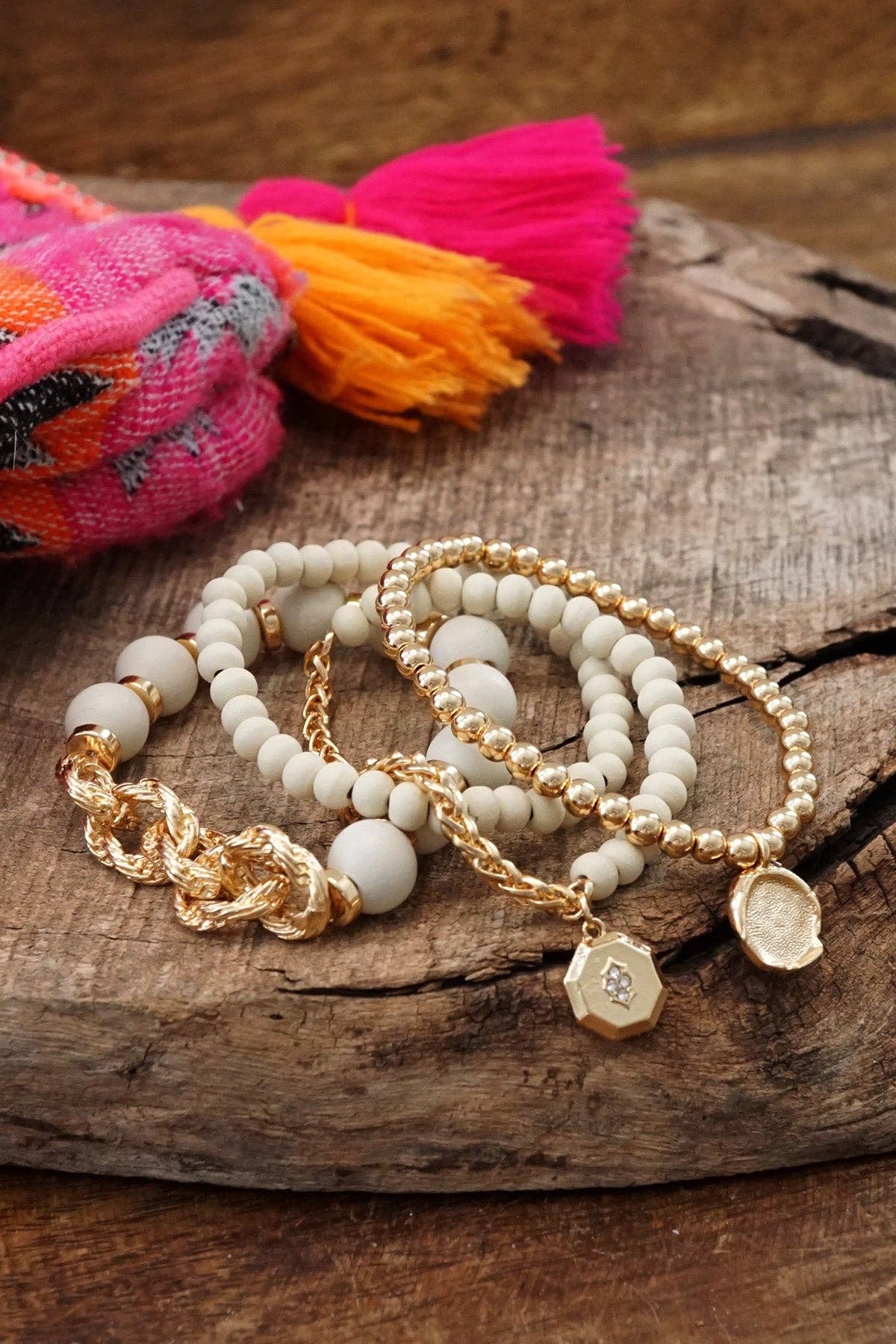 Beaded Bracelets set Cream wooden Beads Chain Coin Charms