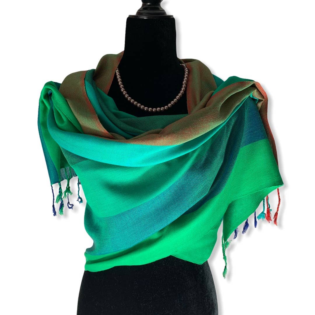 Wide Striped Handwoven Viscose Scarf - Emerald & Green