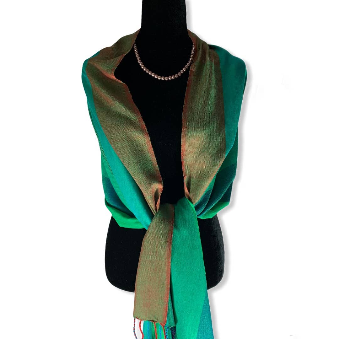 Wide Striped Handwoven Viscose Scarf - Emerald & Green