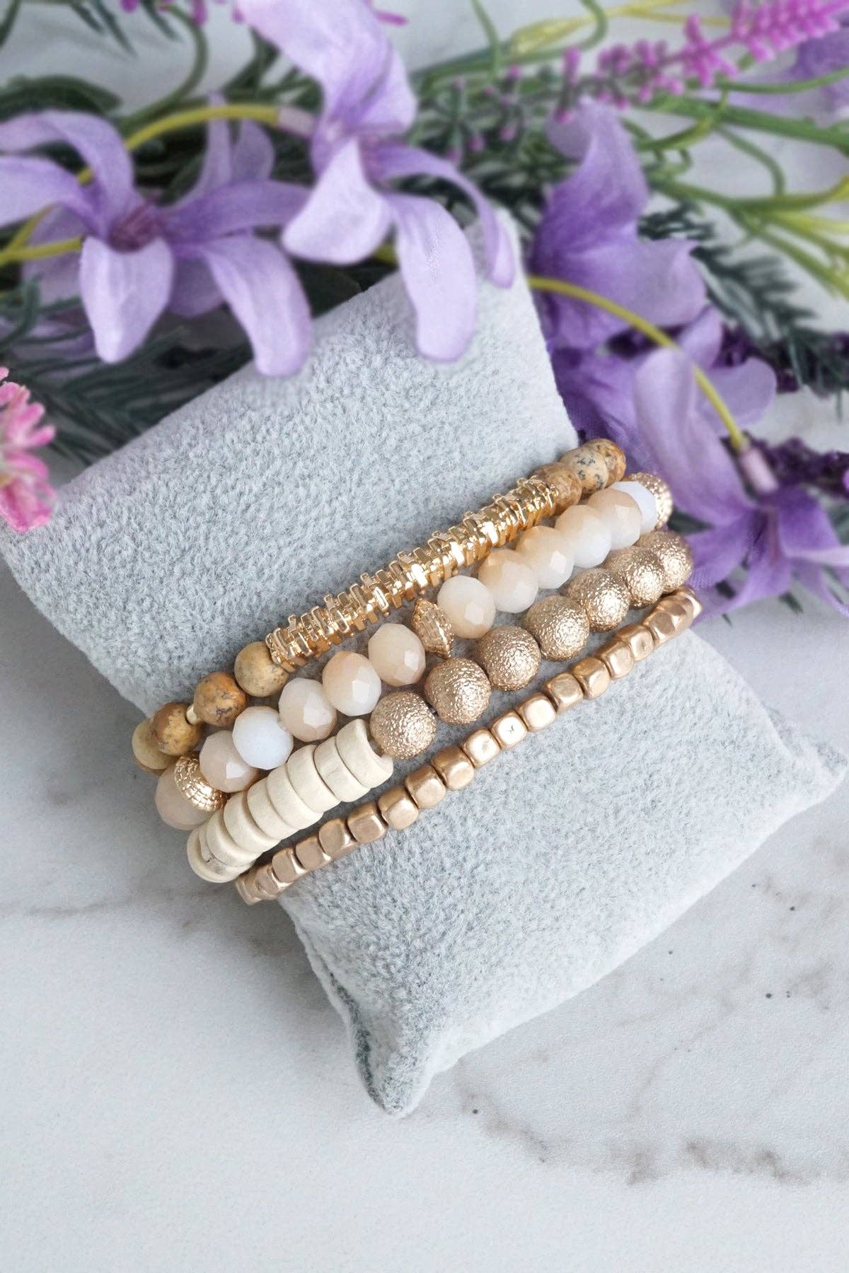 Bracelets stack of 4 piece beaded with Neutral Brown