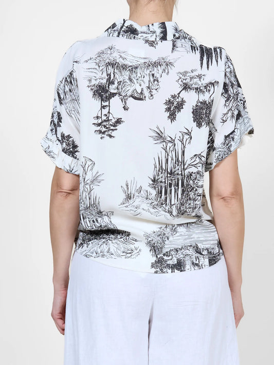 MIDNIGHT TROPICAL PRINT BUTTON-UP BLOUSE