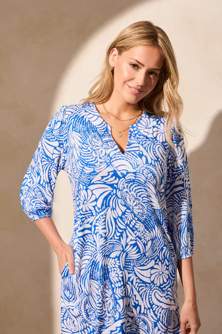 PRINTED JERSEY NOTCH COLLAR 3/4 SLEEVE DRESS